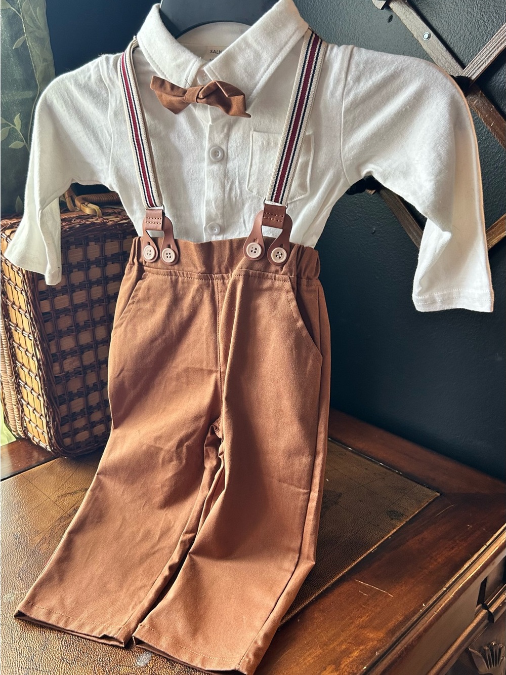 Toddler White Long-sleeve Button up with Rust Brown Pants, Bow Tie & Suspenders